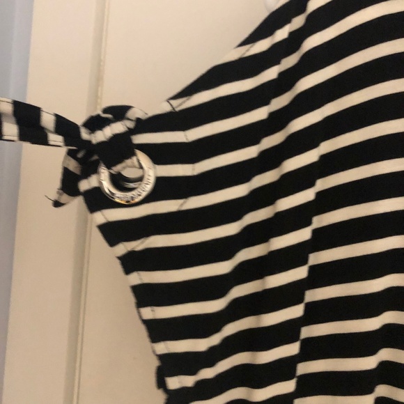 SOLD -Calvin Klein Blk/Wh Striped Dress w/chrome arm details - Picture 4 of 5